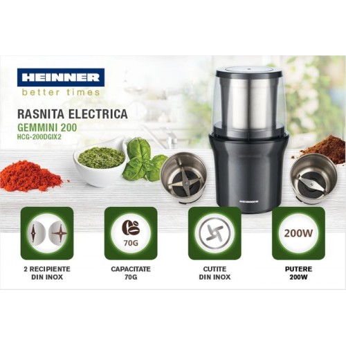 Rasnita electrica Heinner HCG-200DGIX2, rasnire umeda si uscata, 200 W, 70g, 2 recipiente, carcasa inox, Gri