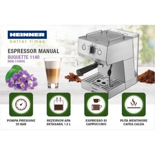 Espressor Heinner HEM-1140SS, 20 bar, 1140 W, 1.5 L, filtru dublu din inox, plita calda, Inox