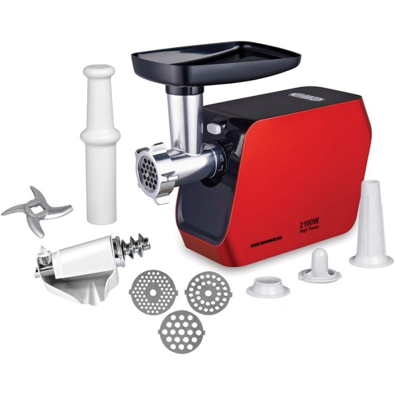 Masina de tocat Heinner MG-2100RD, 2100W, Accesoriu rosii, Accesoriu carnati, Cutit inox, Rosu
