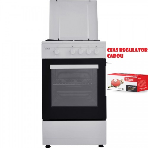 Aragaz Samus SM 450 ABS, Siguranta plita + cuptor, 4 arzatoare, 3 Ani garantie, Alb